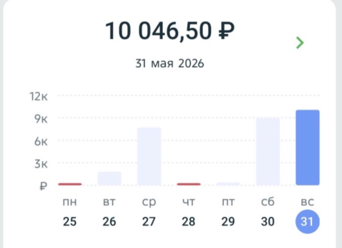 Скриншот приложения Купер: доход за 31 мая 2026 года — 10 046,50 рубля, на графике видны два дня без выплат в начале недели