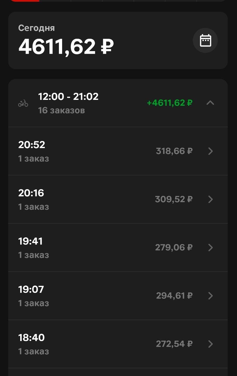 Скриншот приложения Магнит Доставка, велосипед: сегодня 4 611,62 рубля; слот 12:00–21:02, 16 заказов, 4 611,62 рубля; заказы: 20:52 — 318,66 рубля, 20:16 — 309,52, 19:41 — 279,06, 19:07 — 294,61, 18:40 — 272,54 рубля, по одному заказу