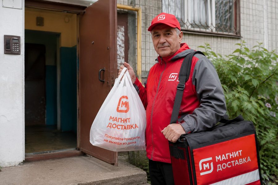 Пенсионер-курьер Магнит Доставка у подъезда с пакетом заказа
