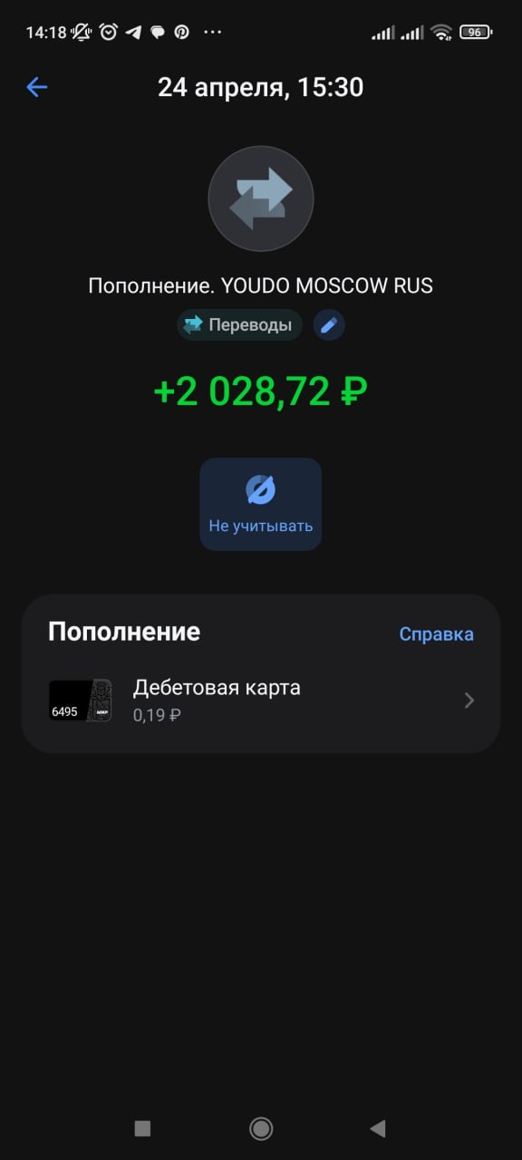 Скриншот банковского приложения: выплата 24 апреля +2 028,72 рубля от YOUDO MOSCOW RUS