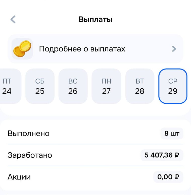 Скриншот экрана выплат: за день выполнено 8 доставок, заработано 5 407,36 рубля, акции 0 рублей