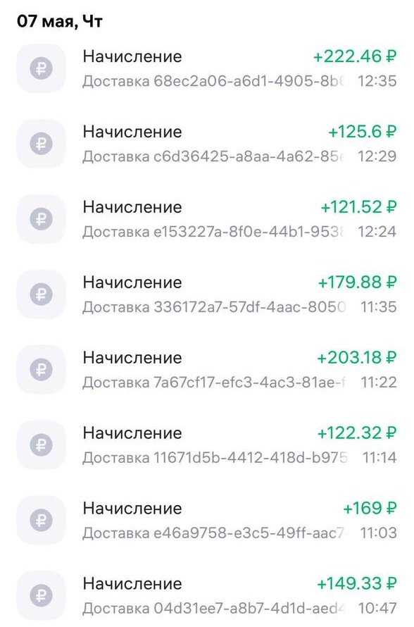 Скриншот баланса курьера: восемь начислений за доставки 7 мая от 121 до 222 рублей, всего 1 293,29 рубля