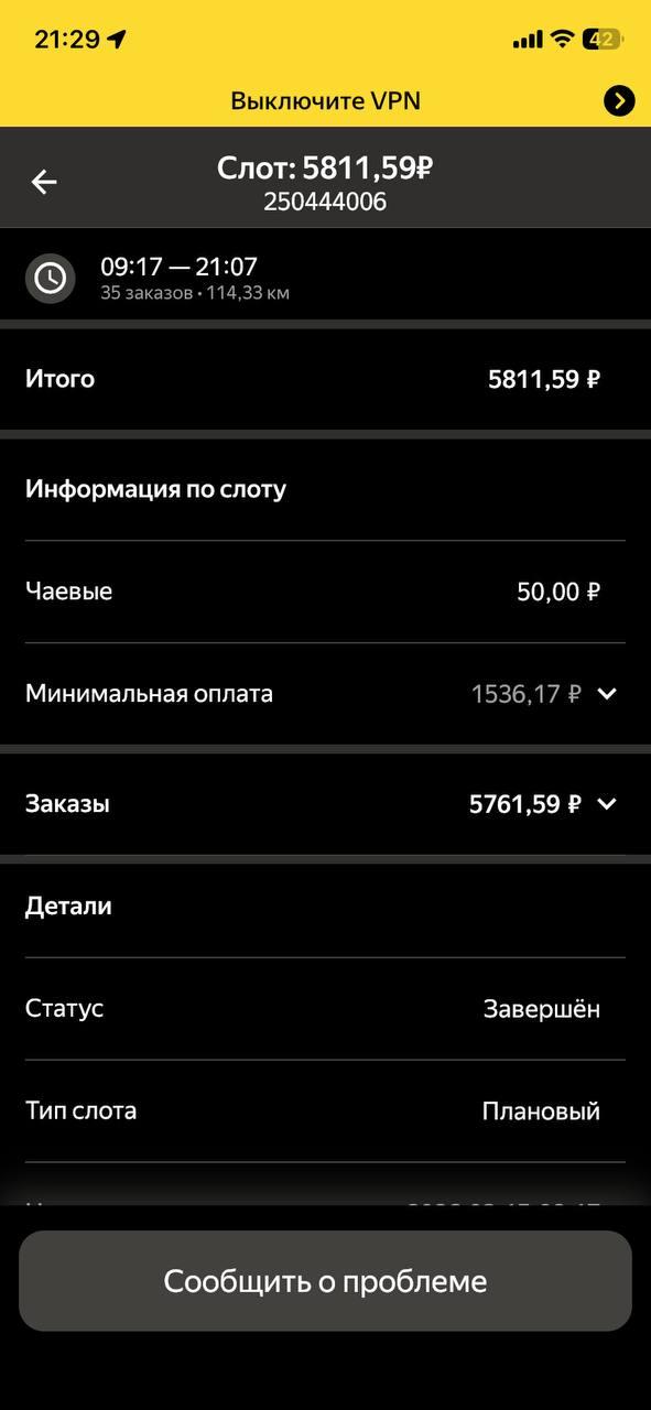 Плановый слот Яндекс Про на 11 часов 50 минут: минимальная оплата 1536,17 рубля показана серым, заказы принесли 5761,59 рубля