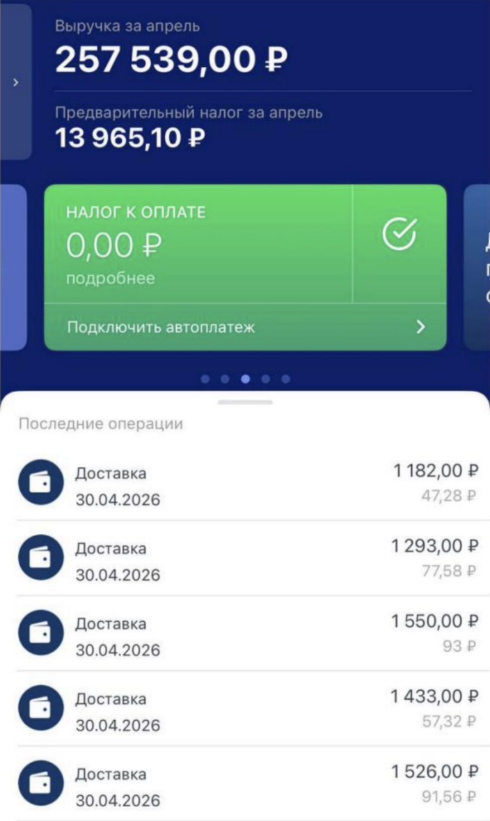 Скриншот приложения для самозанятых: выручка за апрель 2026 года — 257 539 рублей, предварительный налог 13 965,10 рубля