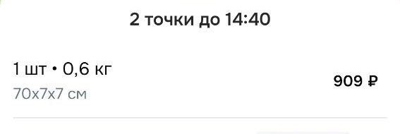 Экран предложения заказа Ozon Экспресс: 2 точки до 14:40, 1 штука 0,6 кг, габариты 70х7х7 см — 909 рублей