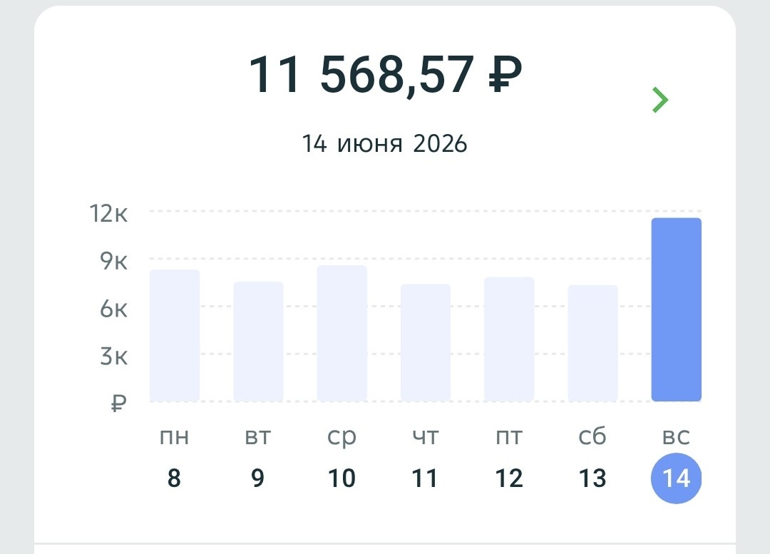 Скриншот приложения Купера: доход за 14 июня 2026 года — 11 568,57 рубля, в остальные дни недели — от 7 до 9 тысяч